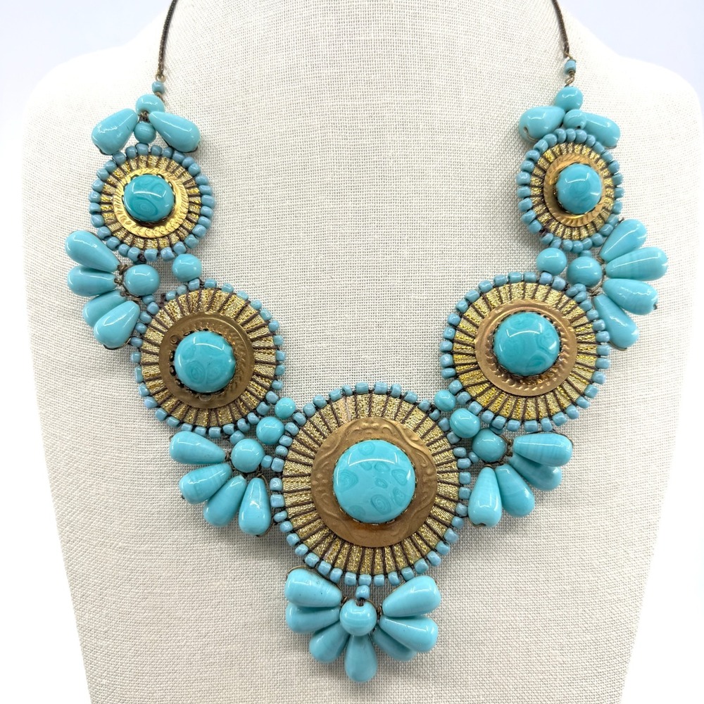 Statement Turquoise Tone Beaded Gold Tone Bib Necklace Festival Boho Layering
